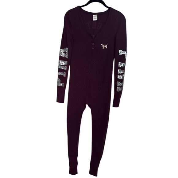 VS PINK Bling Thermal Naughty New Nice One Piece Pajama Size Small Butt Flap - Picture 3 of 10